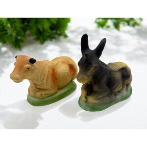 Vintage Christmas Nativity Animals Lot of 2 Cow Donkey Sitting Bisque Porcelain